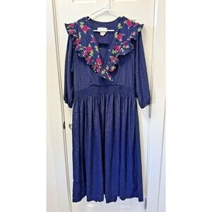 Toni Todd Prairie Knee Length Dress Size 8 Made in USA Blue Pink Polka Dot Rose